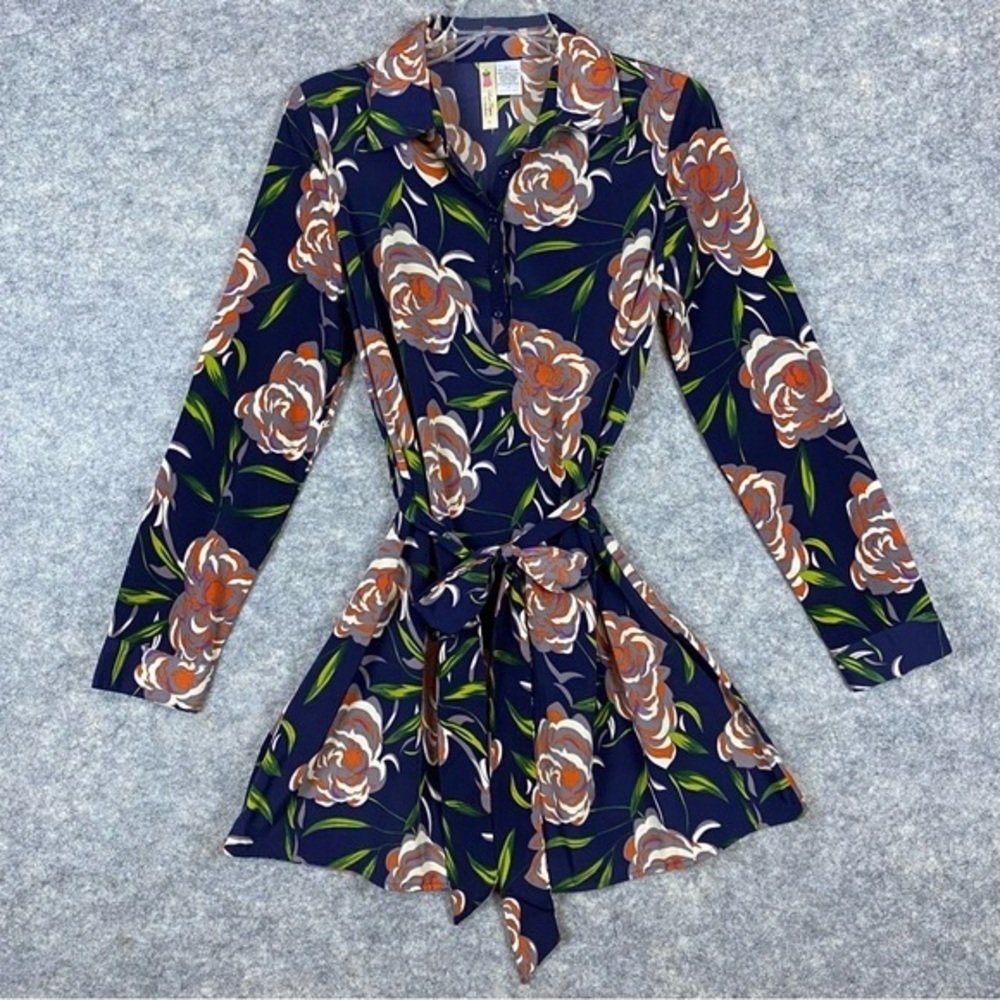 Alice Moon Moon Collection‎ Floral Blue Orange A-line Tie Waist Dress Size M